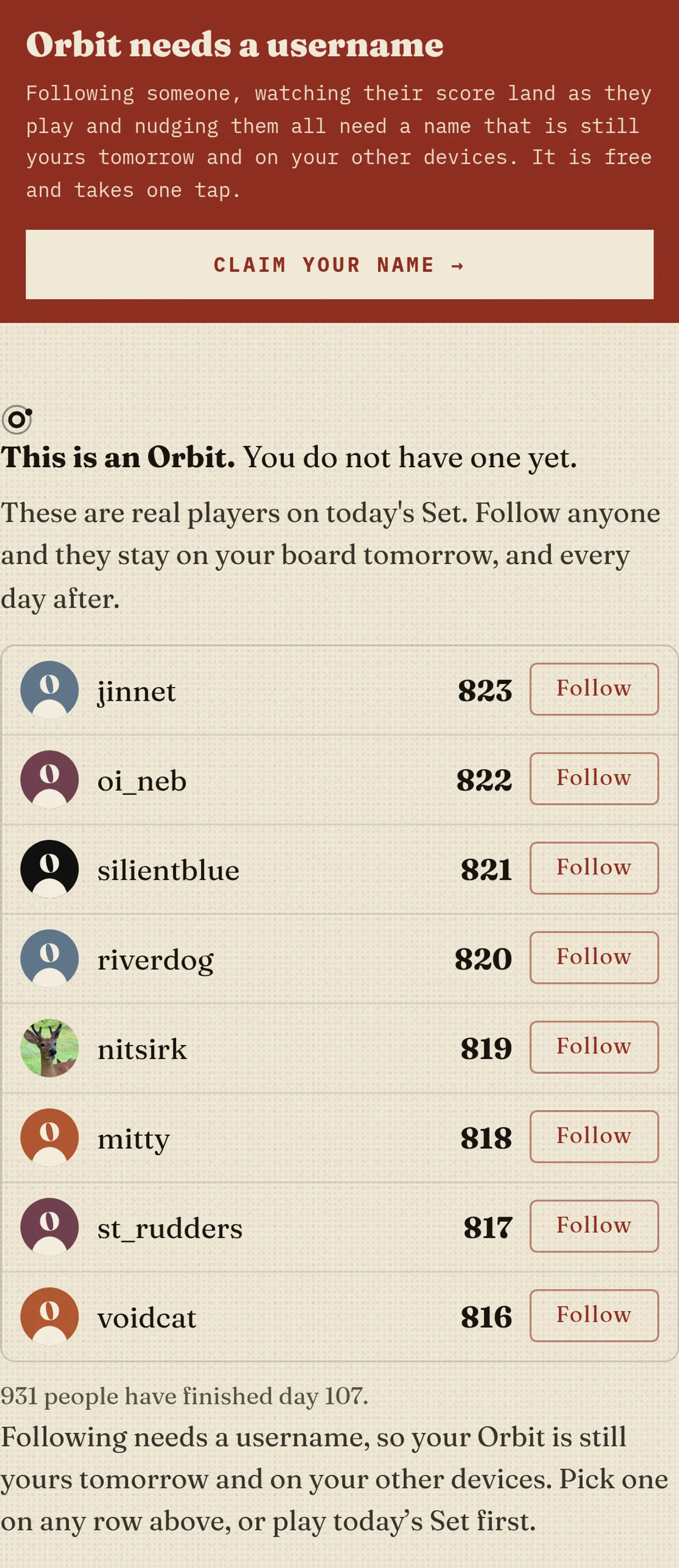The OUTLIER Orbit board, showing followed players ranked by their score on today's Set with avatars, names and scores.