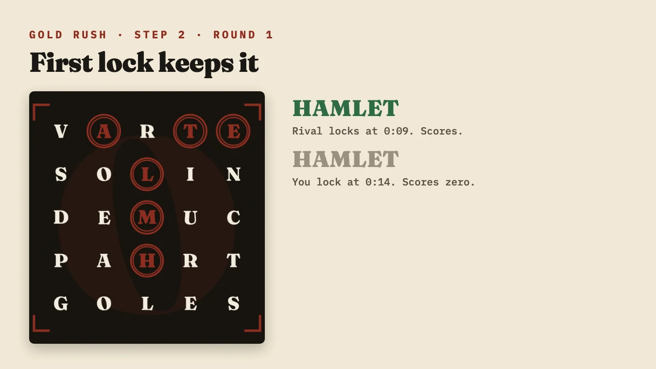 Your rival locks HAMLET at 0:09 and scores; your HAMLET at 0:14 scores zero.