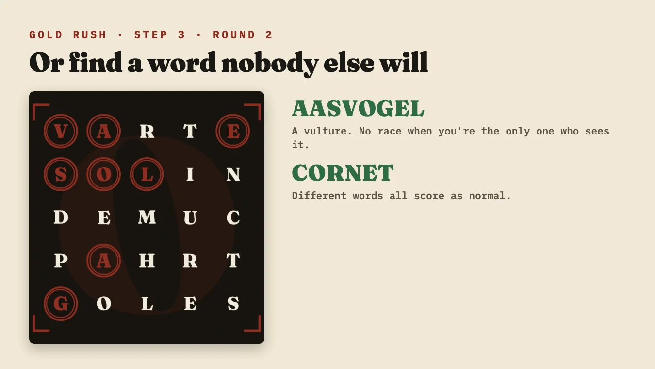 Round 2: AASVOGEL, a word nobody else saw, scores in full, and so does CORNET, a different word.