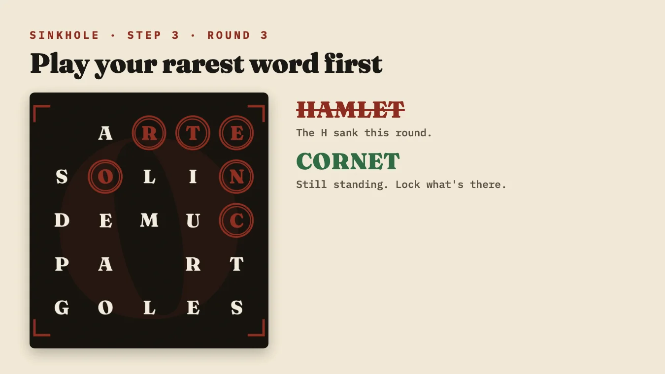 Round 3: the H has sunk too, taking HAMLET; CORNET is still possible.