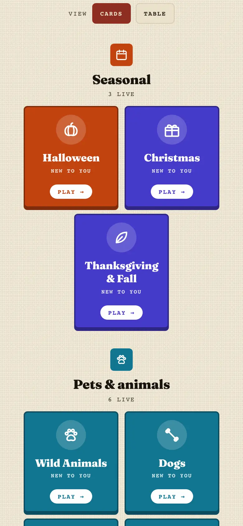 The Seasonal group on the Themed Trivia page: Halloween in orange with a pumpkin icon, Christmas in purple with a gift icon, and Thanksgiving and Fall in purple with a leaf icon, each with a Play button.