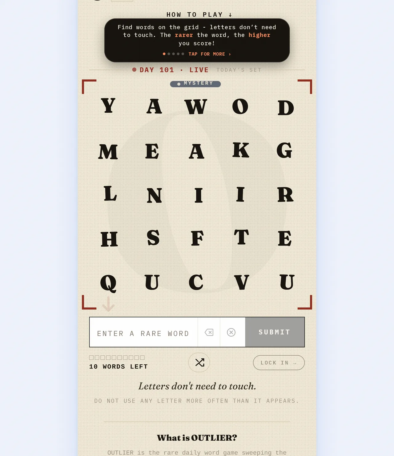 The OUTLIER daily board: a five by five grid of letters with a guess counter and a live score.