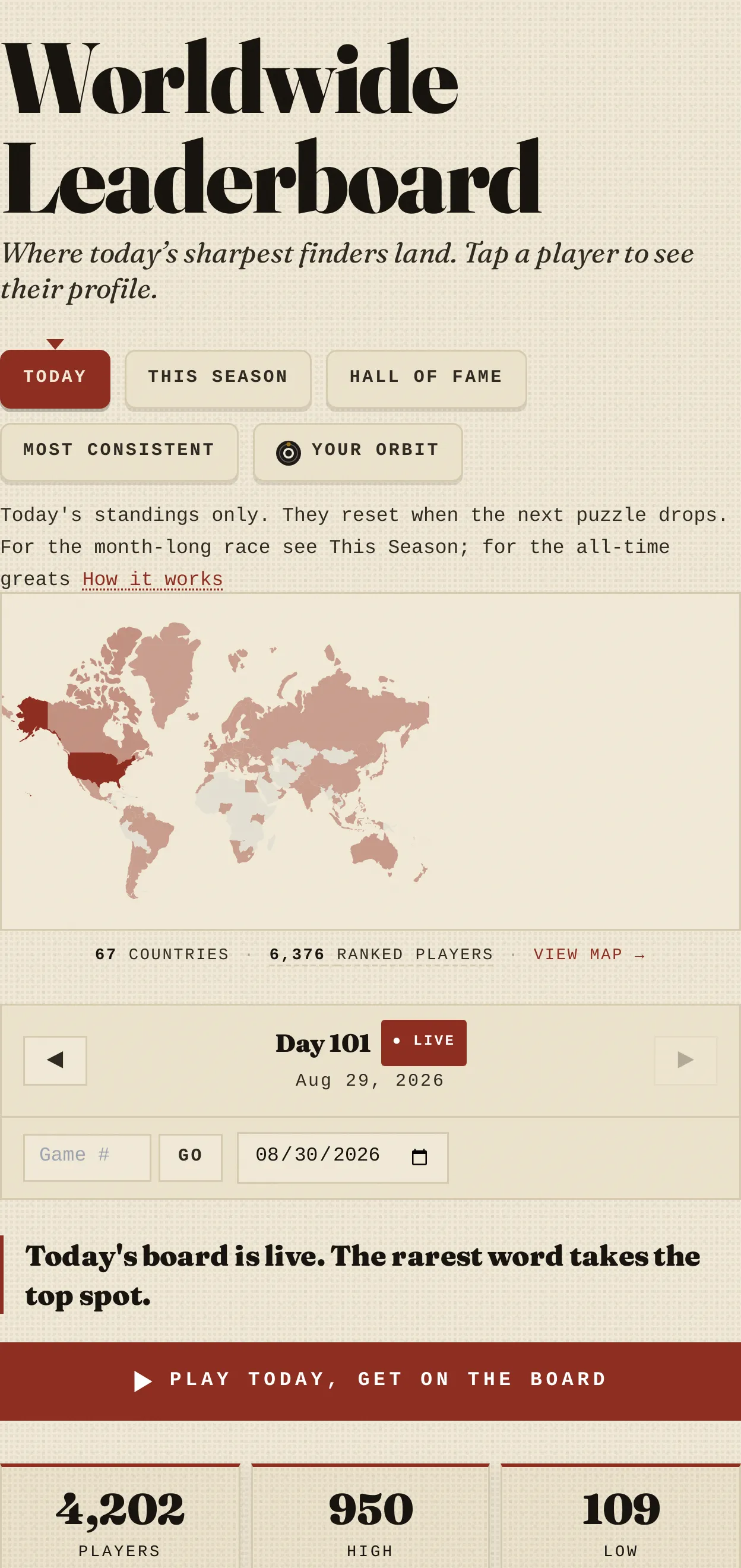 The OUTLIER worldwide leaderboard for the day, ranking every player who finished the board.
