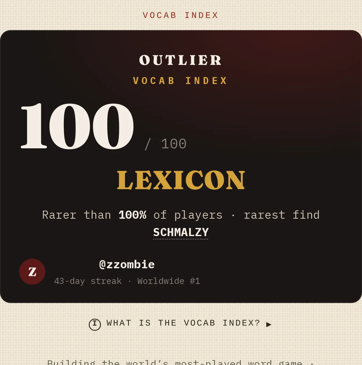 The Vocab Index card on an OUTLIER profile, a measured score of a player's vocabulary over time.
