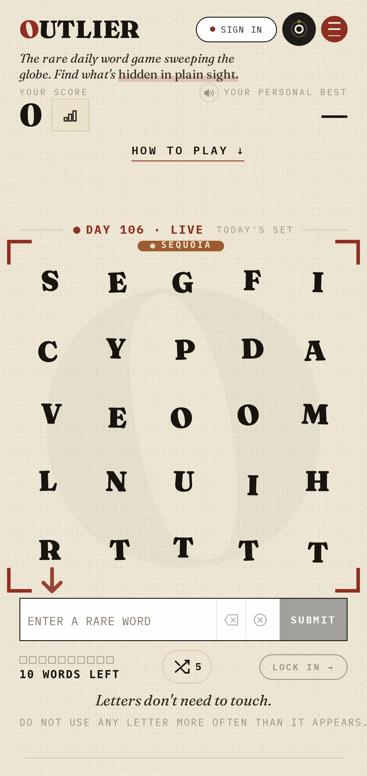 Today's OUTLIER board: a five by five grid of twenty five letters, with the day number, a word entry box and ten guesses remaining.