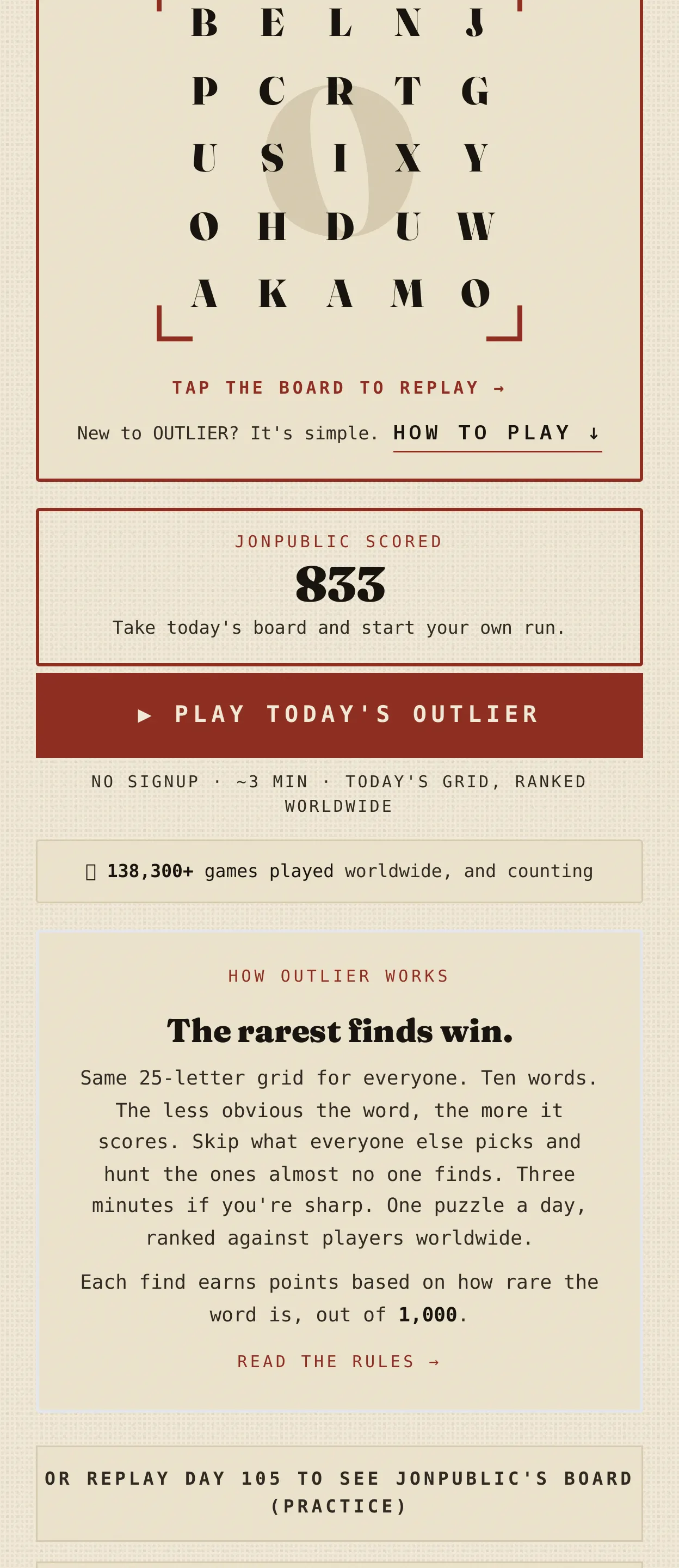 An OUTLIER challenge page for a finished day, showing the board that was played, the challenger's score, and the final standings of everyone who took it on.