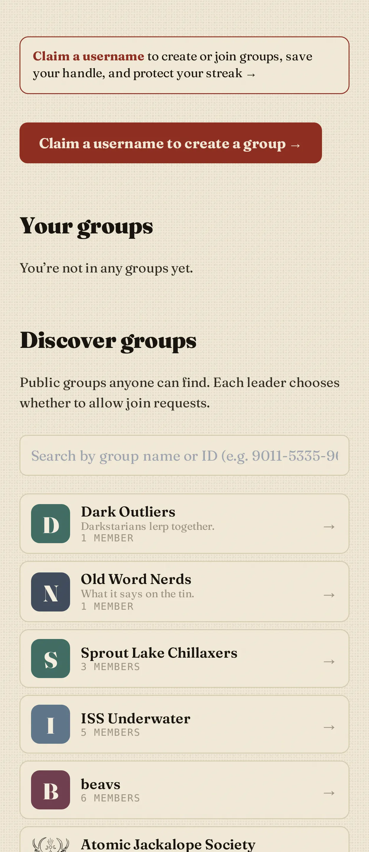 The OUTLIER groups directory, listing public groups anyone can request to join alongside a search box.