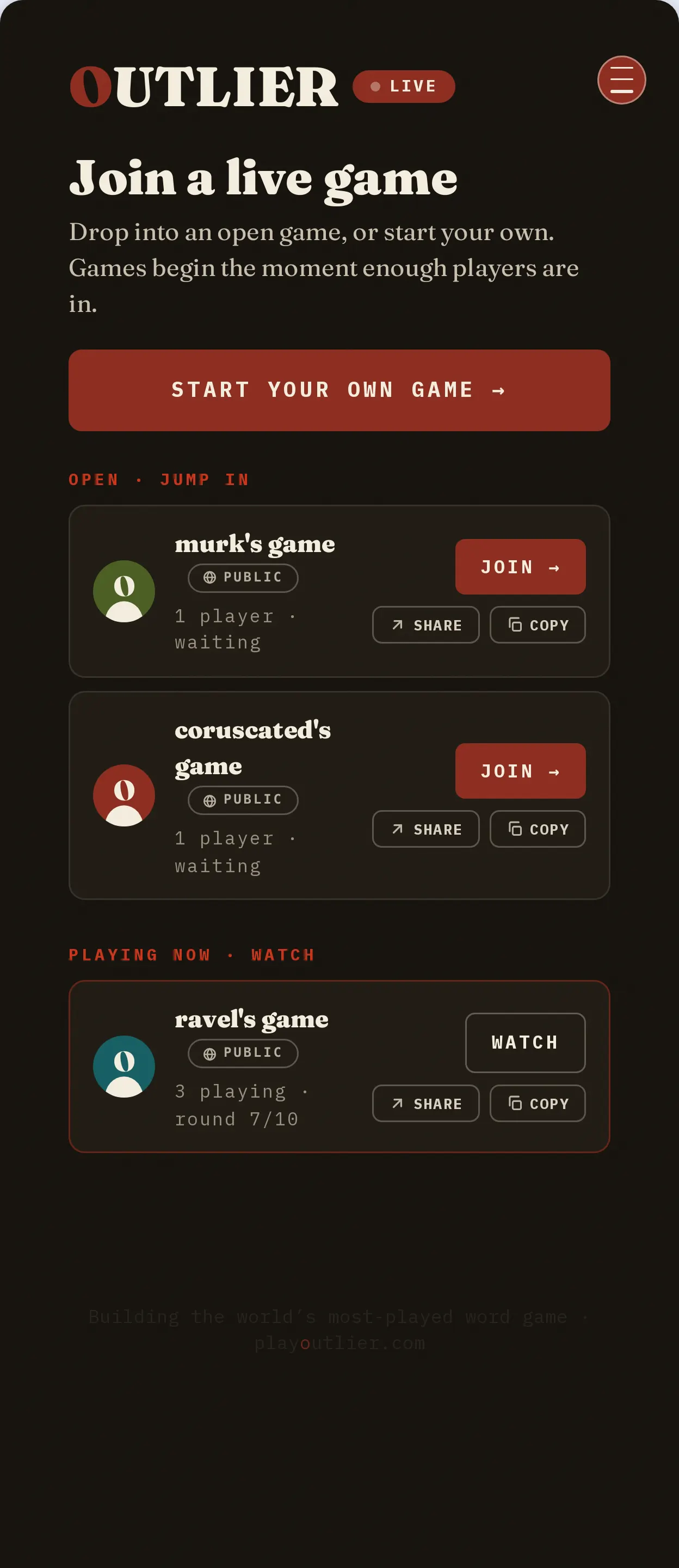 The OUTLIER Live lobby, listing open games waiting for players and games already in progress that can be watched.