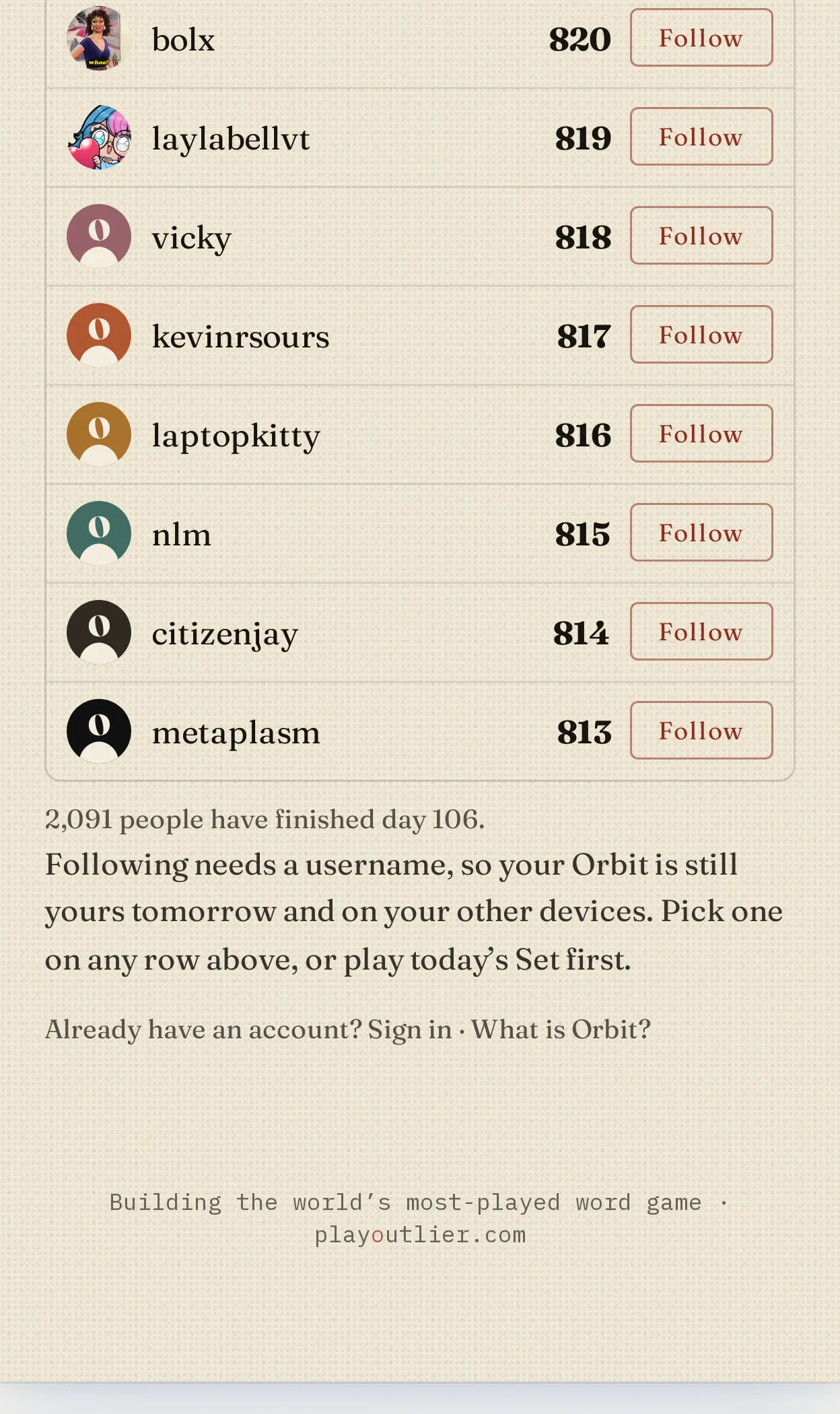 The OUTLIER Orbit page, showing real players from today's board with their scores and a Follow button beside each one.