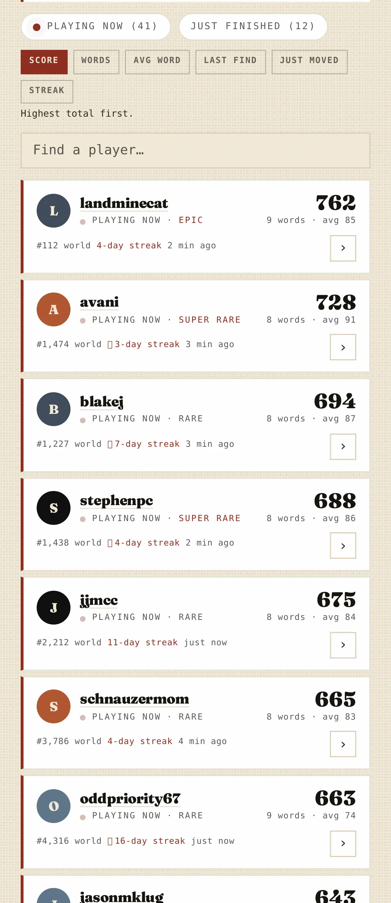 The OUTLIER Playing Now page, a live list of every player currently on today's board with their score, word count and rarity mix updating in real time.