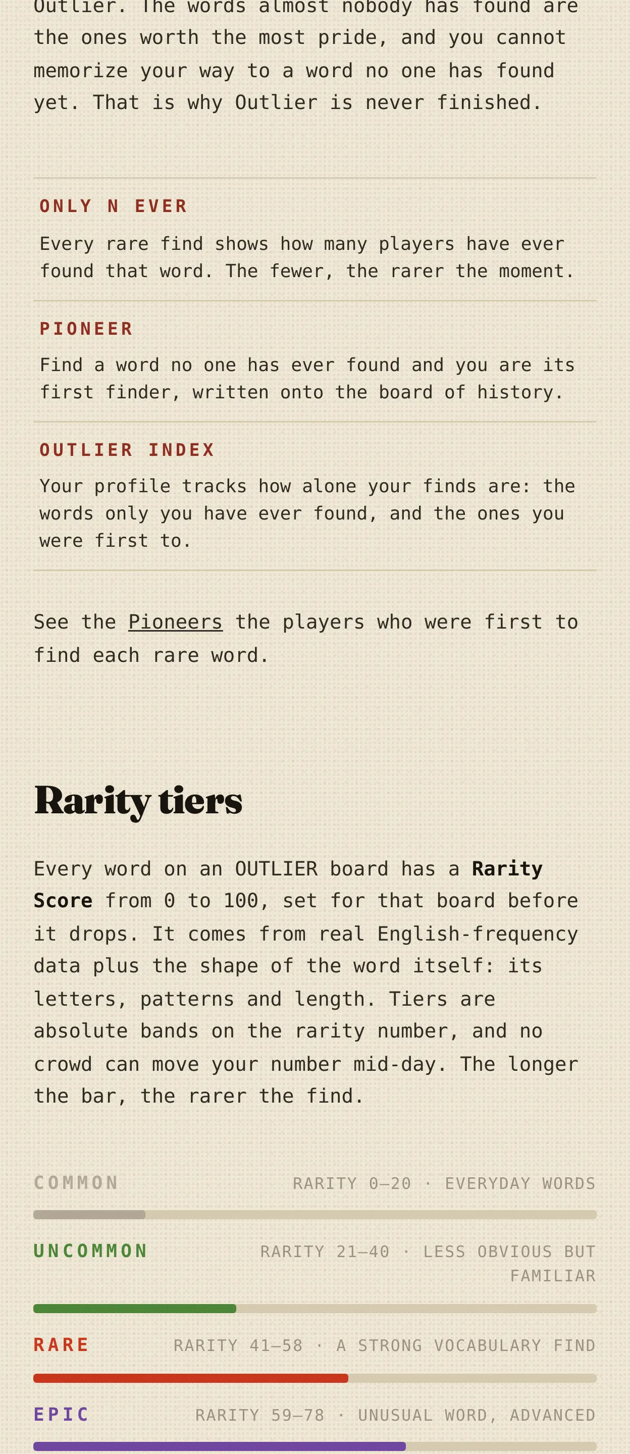 The OUTLIER rarity tiers, from Common through Uncommon, Rare, Epic and Super Rare up to Outlier, each with its score band.